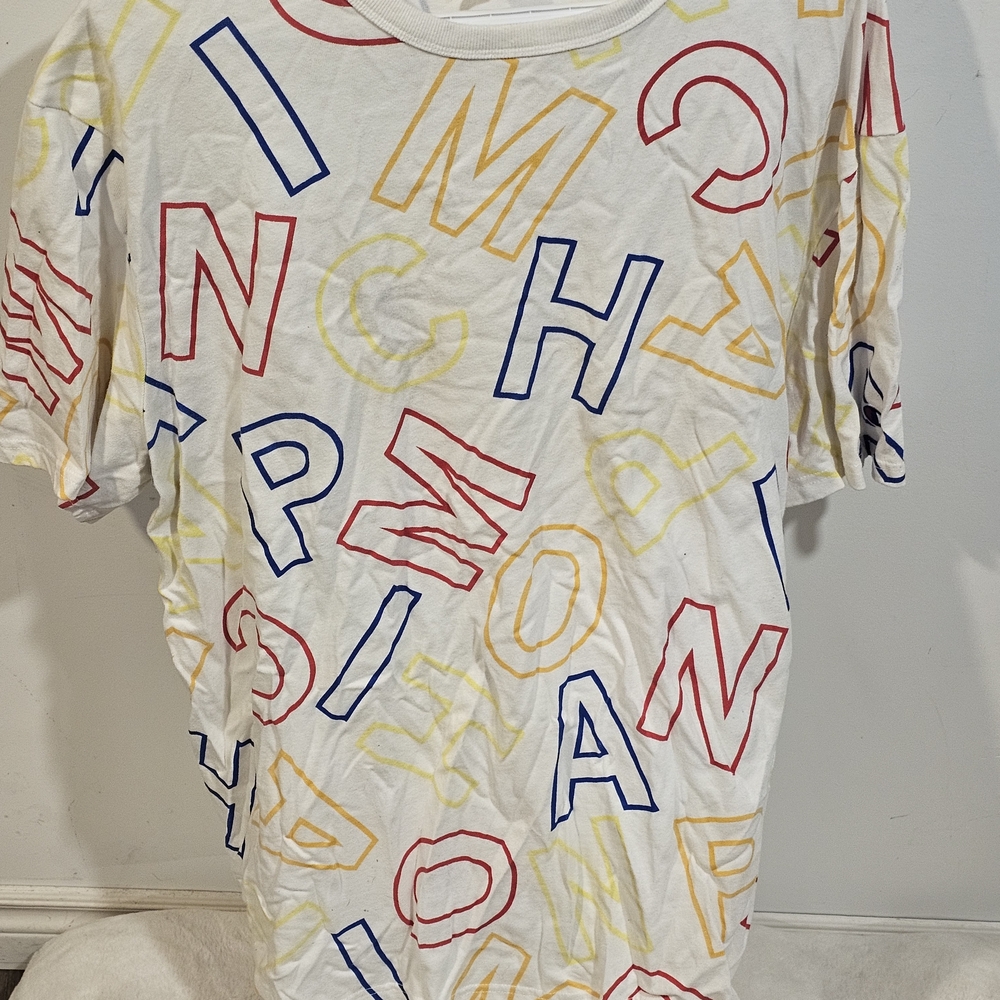 Champion White Short Sleeve Tee with Red, Blue, and Yellow Letter Print